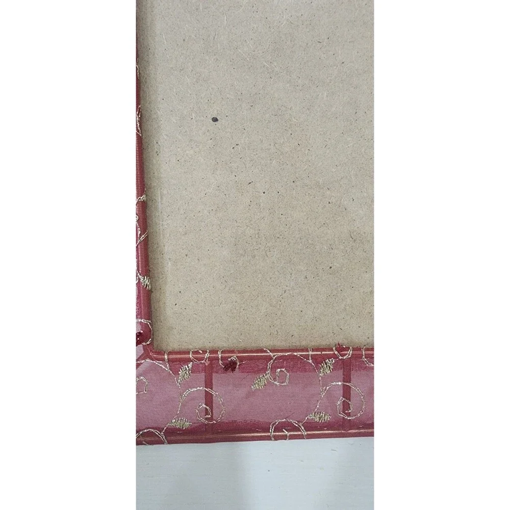 Holds 4x6 Picture Frame Red Mesh Fabric Gold Wire Beaded Accents Boho